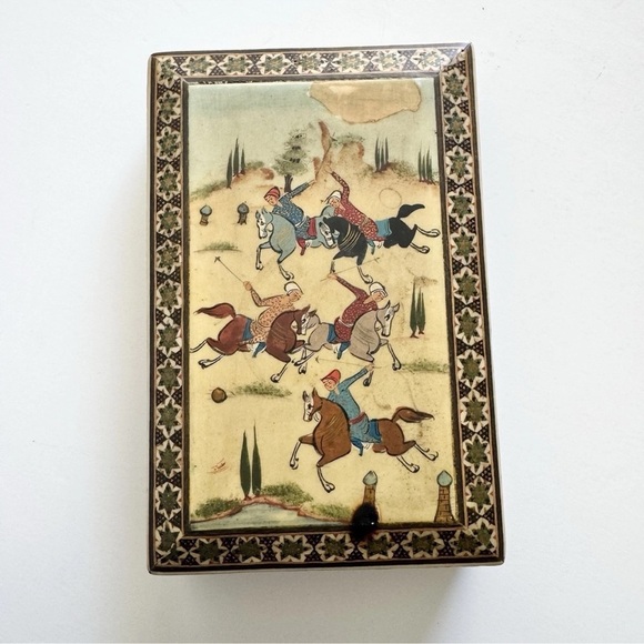 Vintage Persian Khatam Marquetry Polo Players Trinket Jewelry Box 6.5”x 4” - Picture 3 of 14